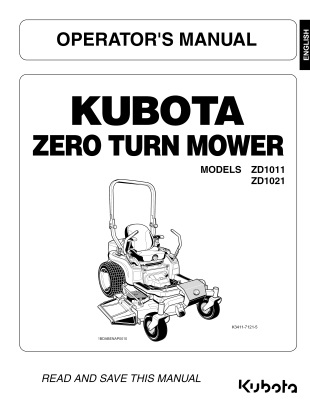 Kubota #K3411-71215 ZD1011 ZD1021 Operator's Manual