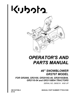Kubota #77700-01296 GR2707 46" Snow Blower Operators Manual