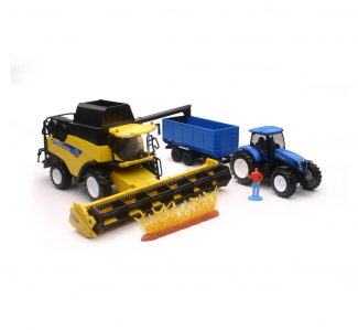 New-Ray Toys #05765 1:32 New Holland Harvester W/ Farm Tractor & Trailer Set