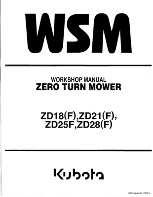 Kubota ZD18F ZD21F ZD25F ZD28F Work Shop Manual Part #9Y021-15062
